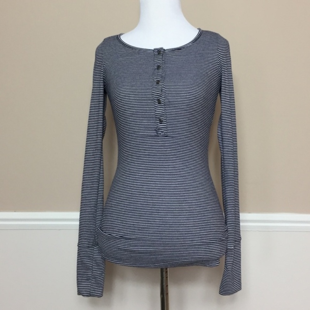 BP Black White Striped Henley Long Sleeve Shirt
